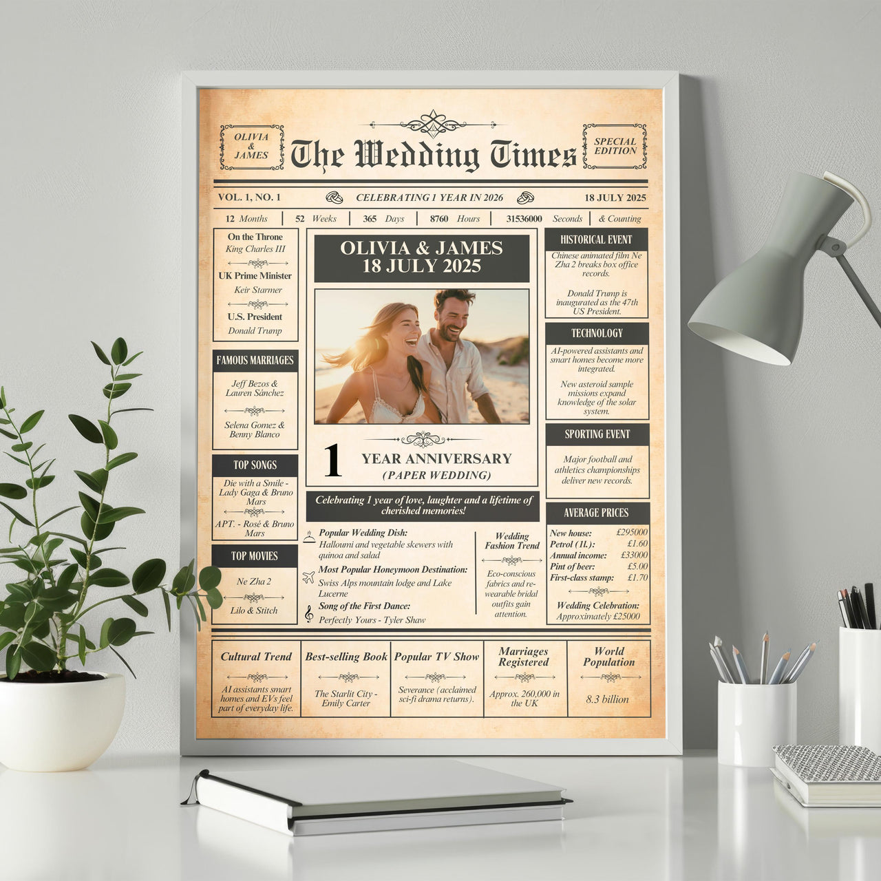 Framed 1st anniversary newspaper poster with a couple's beach photo on a white desk with a lamp