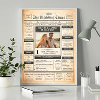 Framed 1st anniversary newspaper poster with a couple's beach photo on a white desk with a lamp