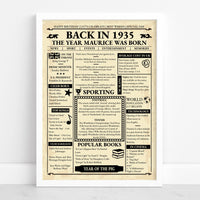 Back in 1935 newspaper style birthday poster in a white frame against a plain white wall