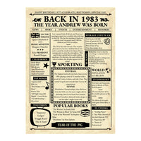 Unframed Back in 1983 newspaper print on white: aged cream paper, The Year Andrew Was Born headline, news, sport and prices
