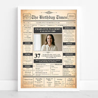 Birth year newspaper poster with photo and name in a white frame, celebrating 37 years for Charlotte