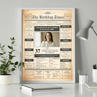 Photo front page poster for Charlotte, born 8 August 1989, framed on a white desk beside a lamp and plant
