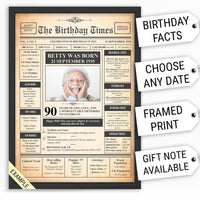 Black framed 90th birthday newspaper poster with a photo and name, shown with feature tags
