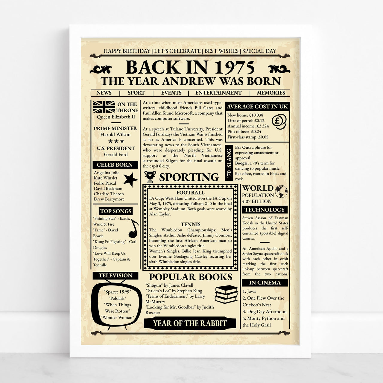White framed Back in 1975 birthday poster with a name, top songs, prices and world events from that year
