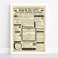 White framed Back in 1975 birthday poster with a name, top songs, prices and world events from that year