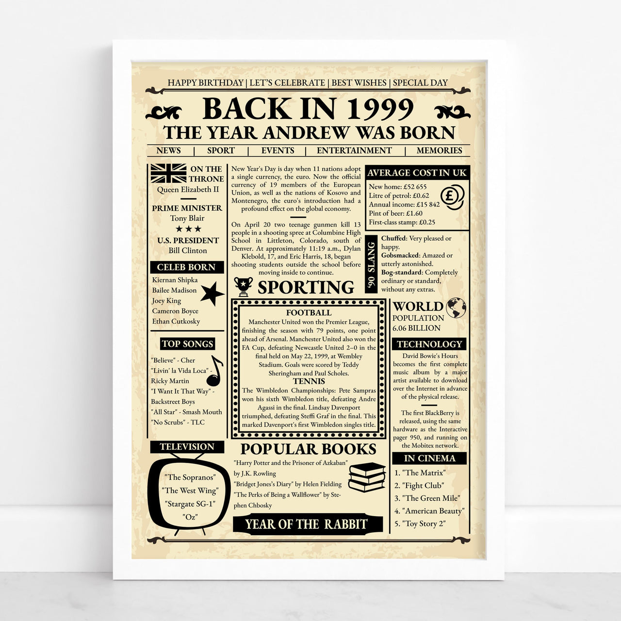 Framed 1999 retro newspaper print reading 'The year Andrew was born' on aged cream paper, standing against a white wall
