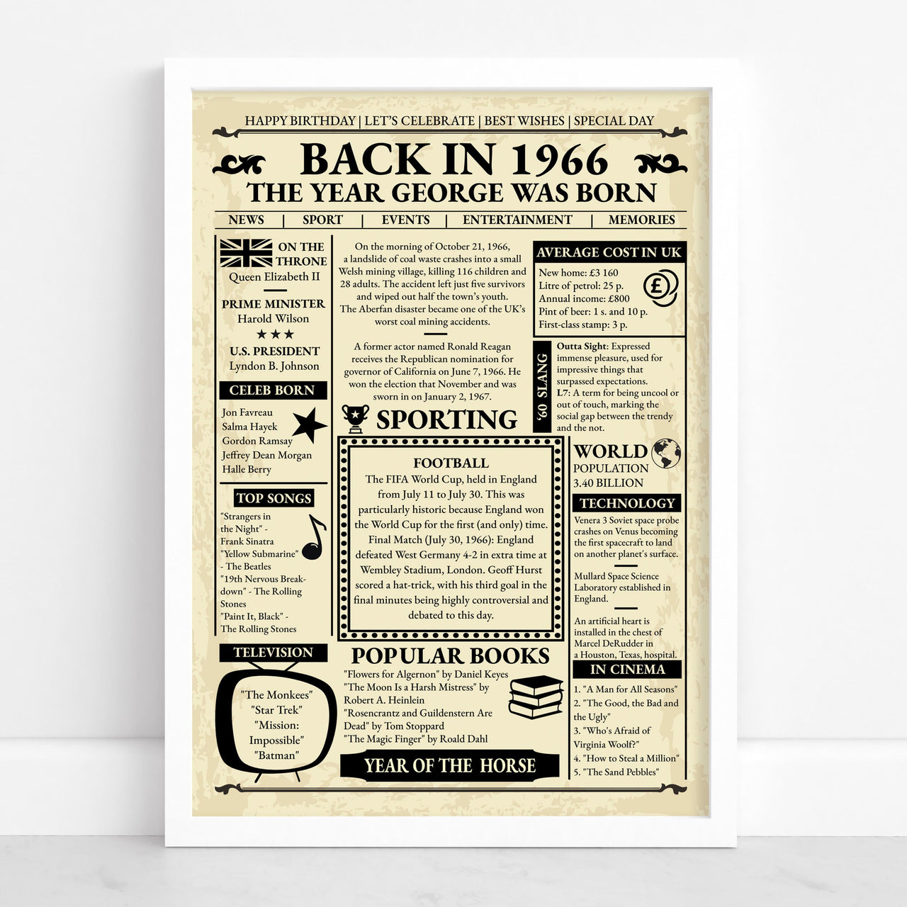 White framed 1966 retro newspaper print reading 'The year George was born' with news, sport and UK prices