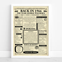 White framed 1966 retro newspaper print reading 'The year George was born' with news, sport and UK prices