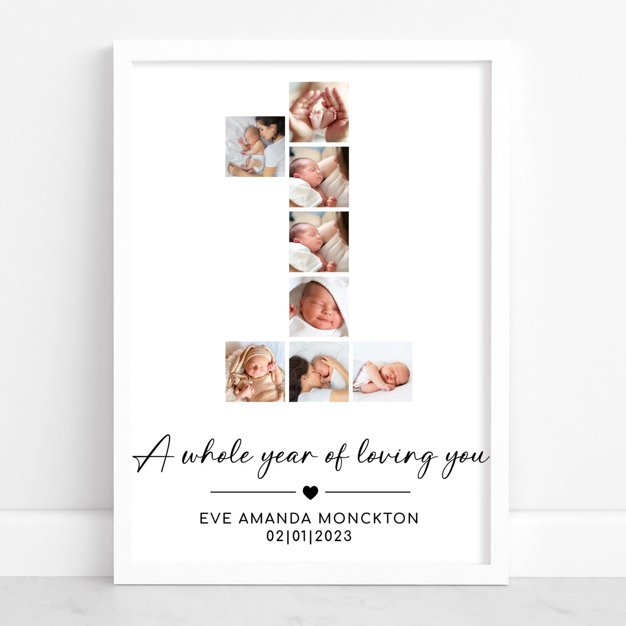 Baby photo collage in the shape of a number 1 with script text, name and date in a white frame