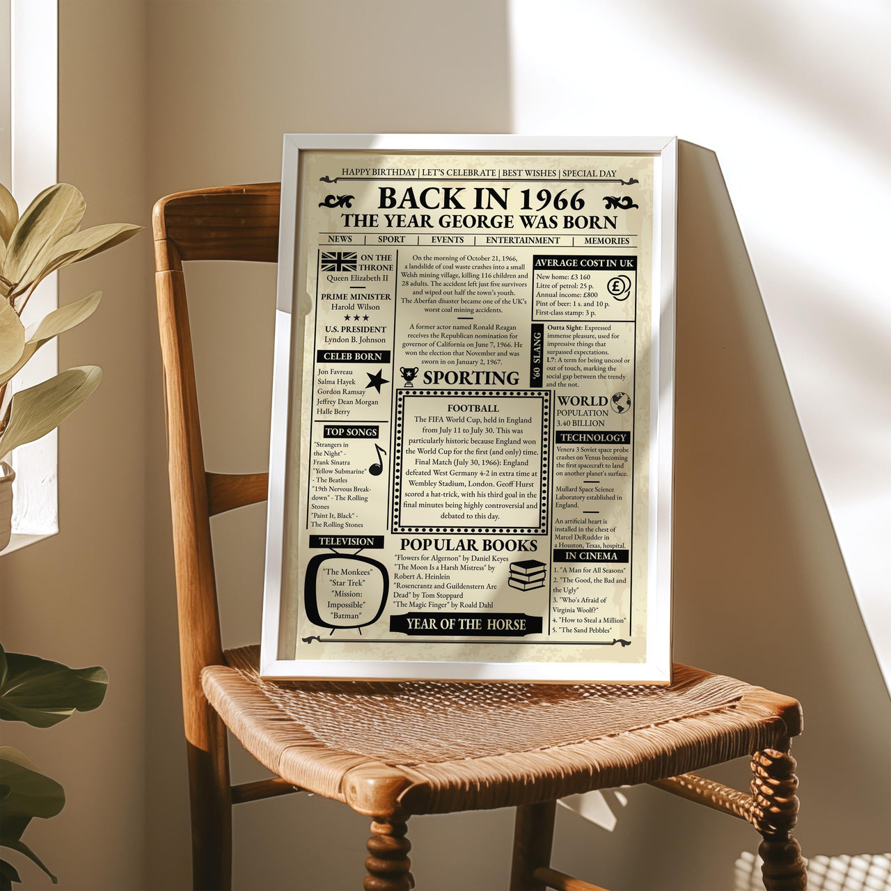 Vintage newspaper style 1966 birthday print in a white frame on a wooden chair in warm sunlight