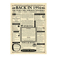 Full design view of the 'Back in 1956' front page print with name headline, UK prices, sport news and Year of the Monkey