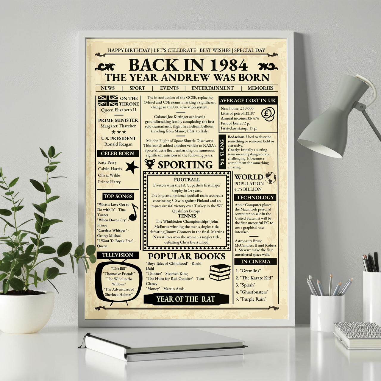 Framed 1984 retro newspaper style print with a name, on a white desk beside a plant and desk lamp