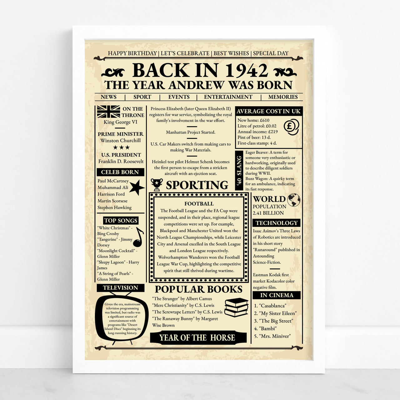 White framed 1942 birth year poster listing year facts, wartime football news, top songs and cinema
