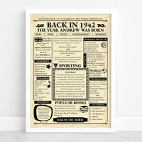 White framed 1942 birth year poster listing year facts, wartime football news, top songs and cinema