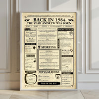Large framed 1984 retro newspaper print leaning against a white panelled wall on a wooden floor