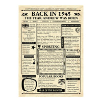 Unframed 1945 birthday print: aged cream newspaper layout with The Year Andrew Was Born, UK prices and year facts