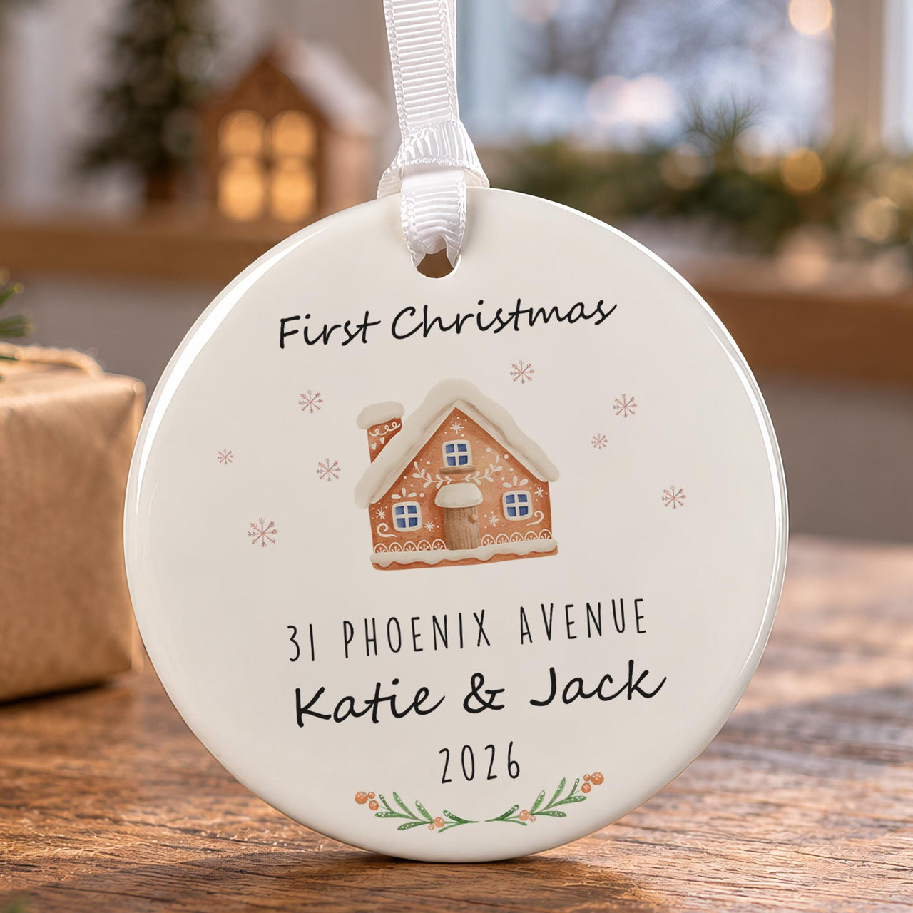 Gingerbread house ceramic bauble: iced house with blue windows, First Christmas, 31 Phoenix Avenue, Katie & Jack 2026