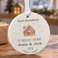 Gingerbread house ceramic bauble: iced house with blue windows, First Christmas, 31 Phoenix Avenue, Katie & Jack 2026