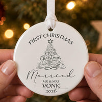 Mr and Mrs ceramic bauble: round white disc, line art Christmas tree, First Christmas Married, Mr & Mrs Vonk 2026