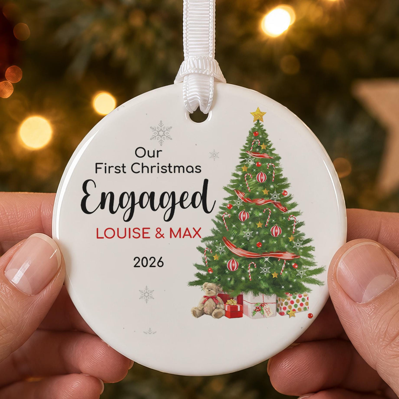 Engaged ceramic bauble: round, decorated Christmas tree with gifts, Our First Christmas Engaged, Louise & Max 2026