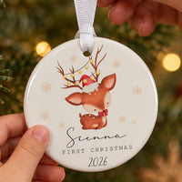 First Christmas ceramic bauble: sleeping fawn with star lights on its antlers and a Santa hat, Sienna, First Christmas 2026