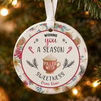 Christmas message ceramic bauble: round, floral border with squirrels, cocoa cup, Wishing you a season filled with sweetness