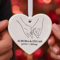 Heart ceramic ornament with line drawing of two hands linked by little fingers, Aurora & Dylan, forever always