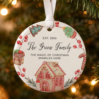 Gingerbread ceramic bauble: gingerbread house, cookies, candy cane and red berries around Est. 2026 The Green Family