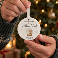Personalised New Home Ceramic Bauble, Names and Address for First Christmas - lifestyle