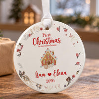 New home Christmas bauble: ceramic ornament with a gingerbread house, rosebud border and Liam, a red heart, Elena 2026