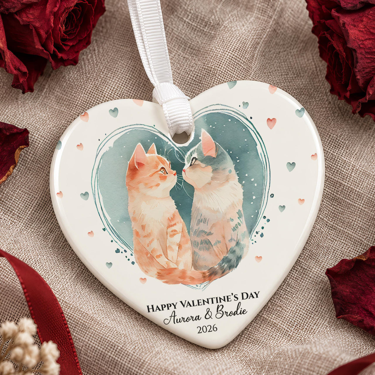 Heart-shaped ceramic ornament with two watercolour cats nose to nose, Happy Valentine's Day, Aurora and Brodie, 2026