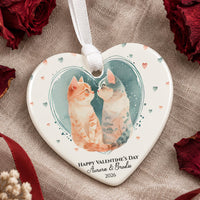 Heart-shaped ceramic ornament with two watercolour cats nose to nose, Happy Valentine's Day, Aurora and Brodie, 2026