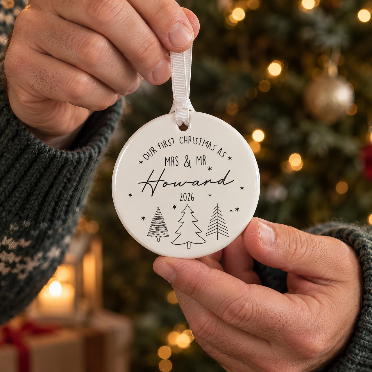 Personalised Line Art Trees Ceramic Bauble - lifestyle