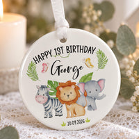 First birthday ornament: ceramic disc with a watercolour zebra, lion and elephant, Happy 1st Birthday George and a date