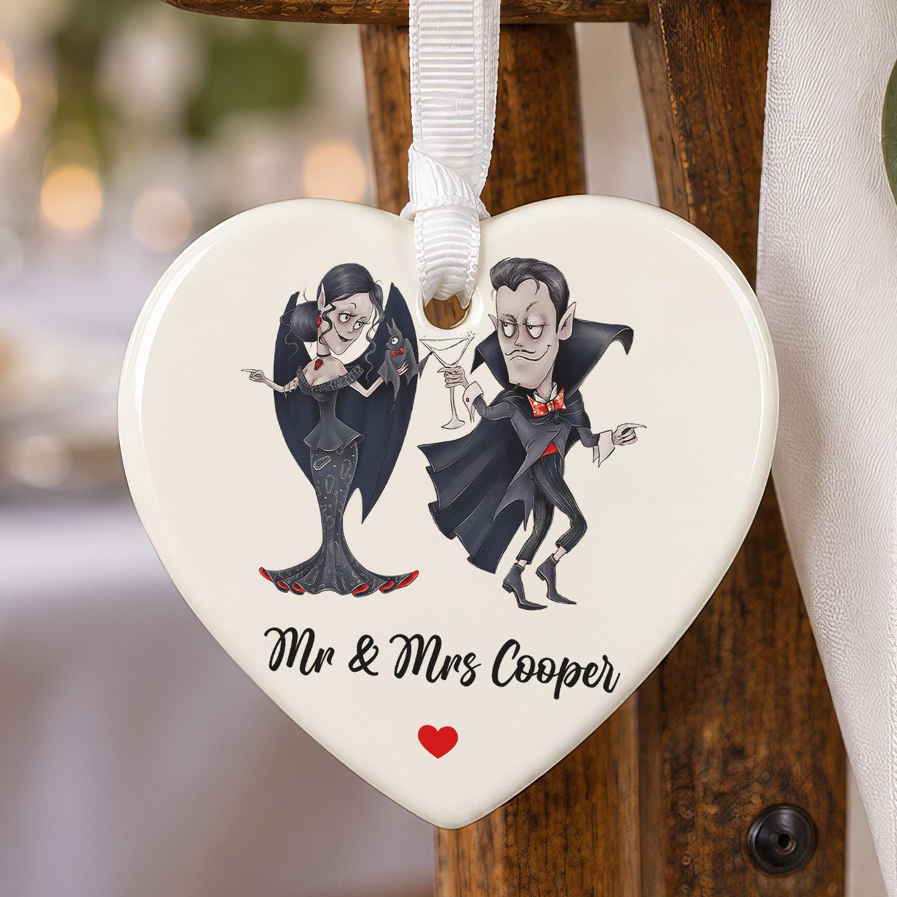 Vampire couple ceramic heart ornament: gothic cartoon pair toasting with a cocktail glass, Mr & Mrs Cooper, red heart