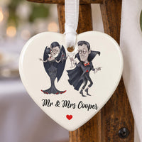 Vampire couple ceramic heart ornament: gothic cartoon pair toasting with a cocktail glass, Mr & Mrs Cooper, red heart
