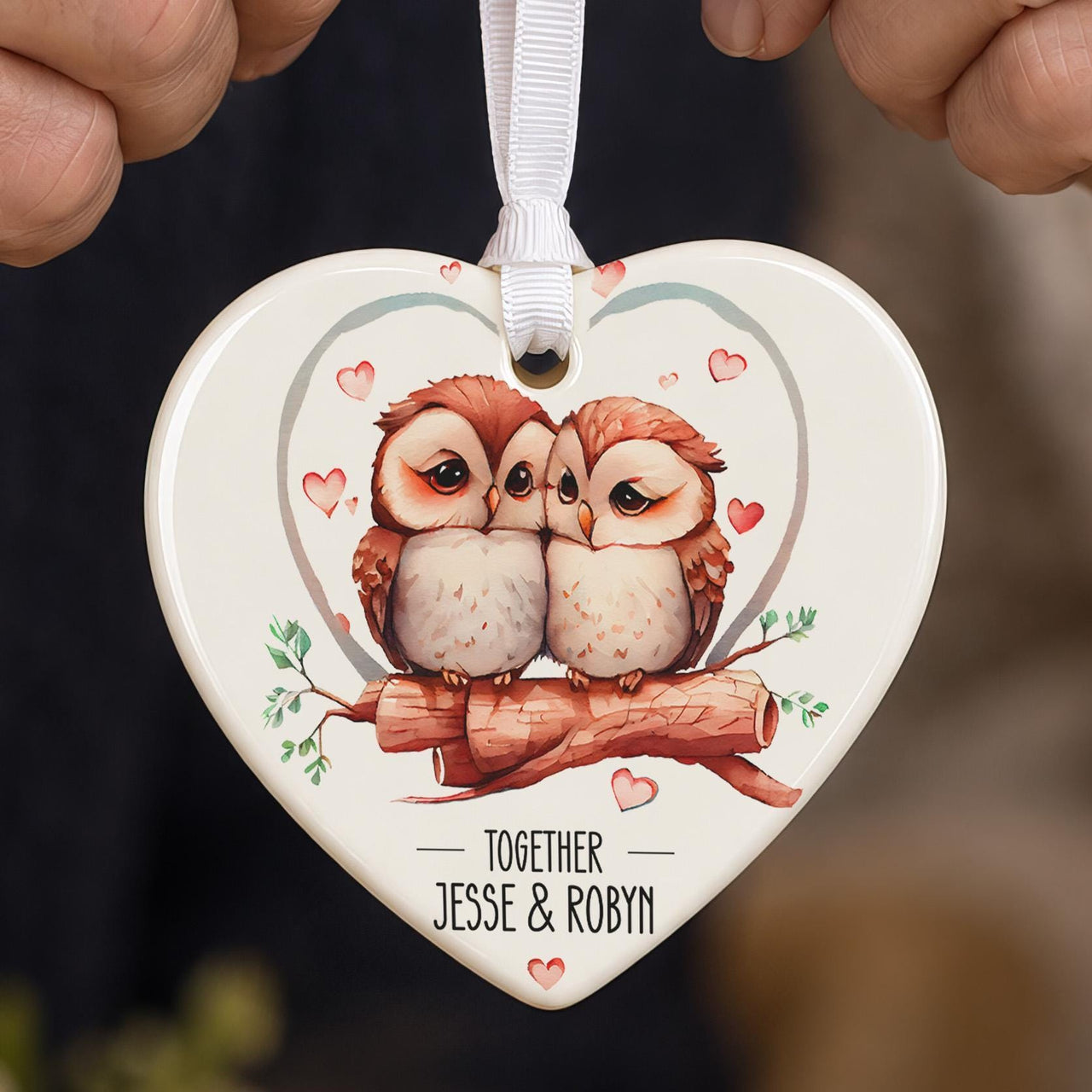Heart ceramic ornament: two watercolour owls on a branch with small hearts, Together Jesse & Robyn