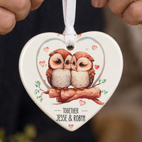 Heart ceramic ornament: two watercolour owls on a branch with small hearts, Together Jesse & Robyn