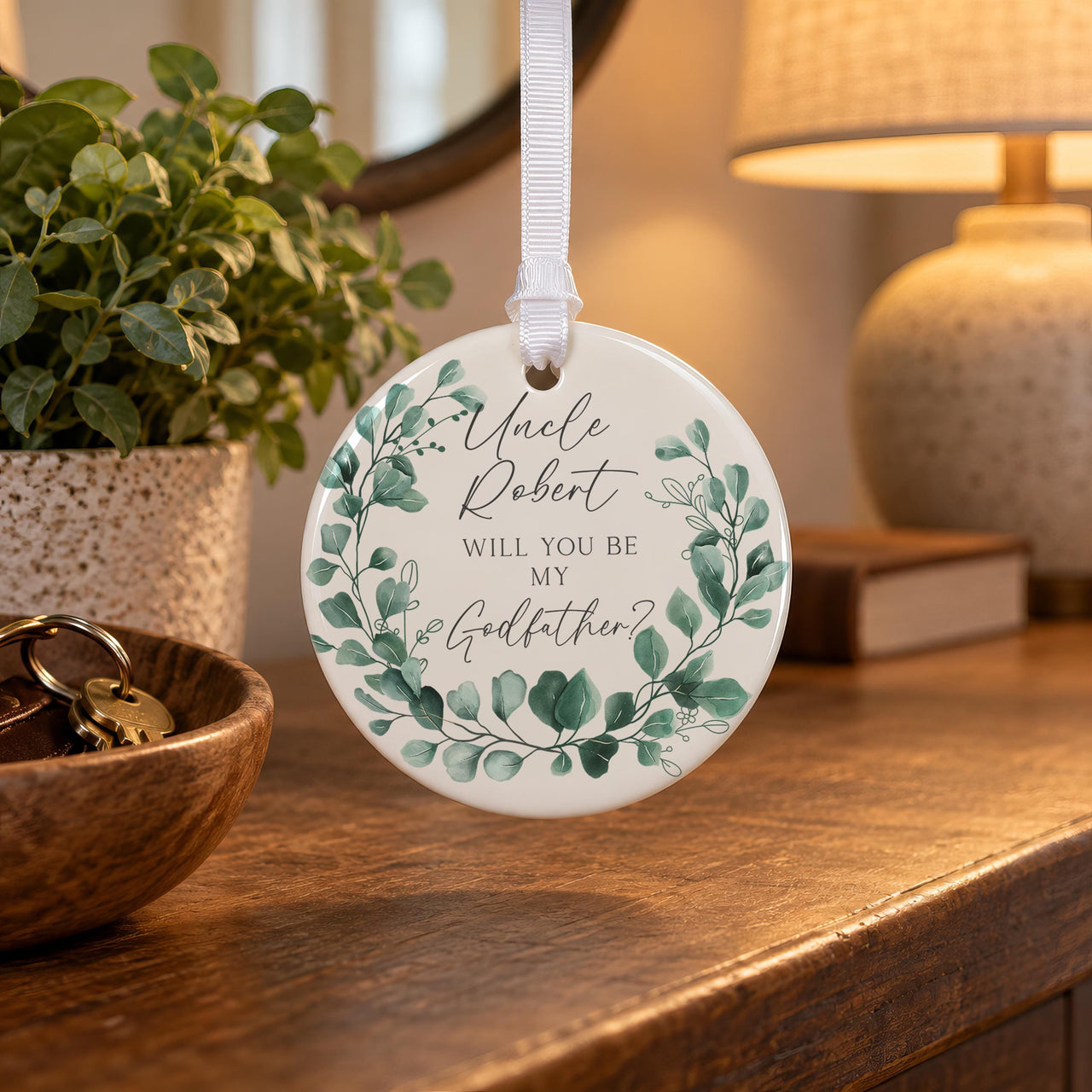 Personalised Godfather Proposal Ceramic Bauble - lifestyle