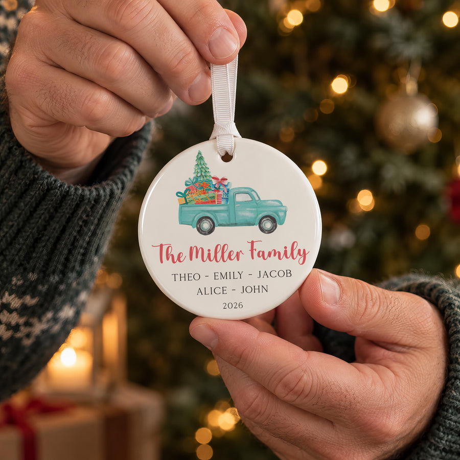 Personalised Christmas Truck Family Bauble - photo of the finished product