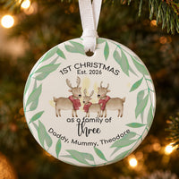 Reindeer family ceramic bauble: three reindeer in red scarves in a leaf wreath, 1st Christmas as a family of three, 2026