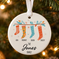 Family stockings ceramic bauble: four patterned stockings labelled Ada, Mummy, Jaxon, Daddy, The Jones Family