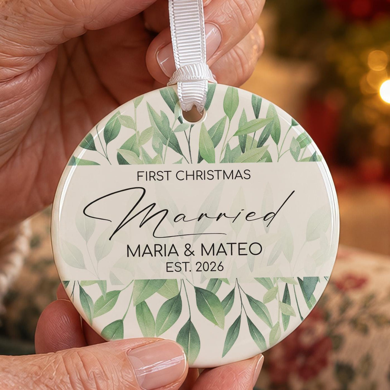 Personalised Leafy Married Ceramic Bauble - main photo