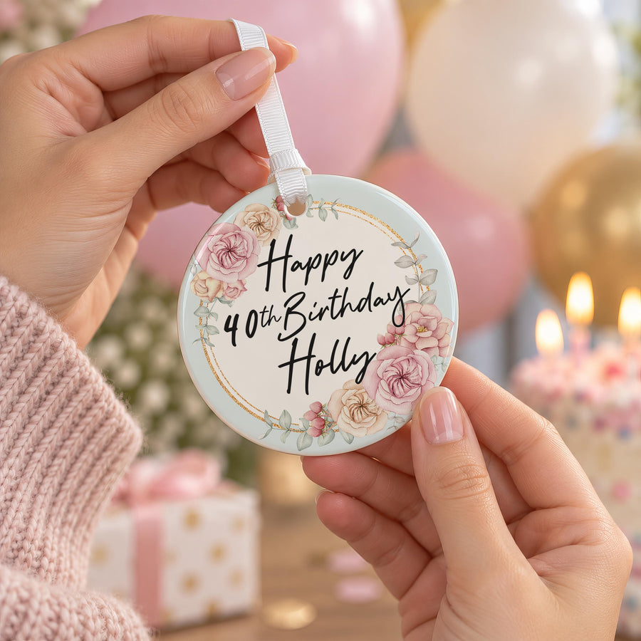 Personalised Rose Milestone Birthday Ceramic Ornament - photo of the finished product