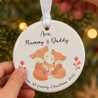 Fox family ceramic bauble: round, three watercolour foxes and red berries, Ava, Mummy & Daddy, Our 1st family Christmas