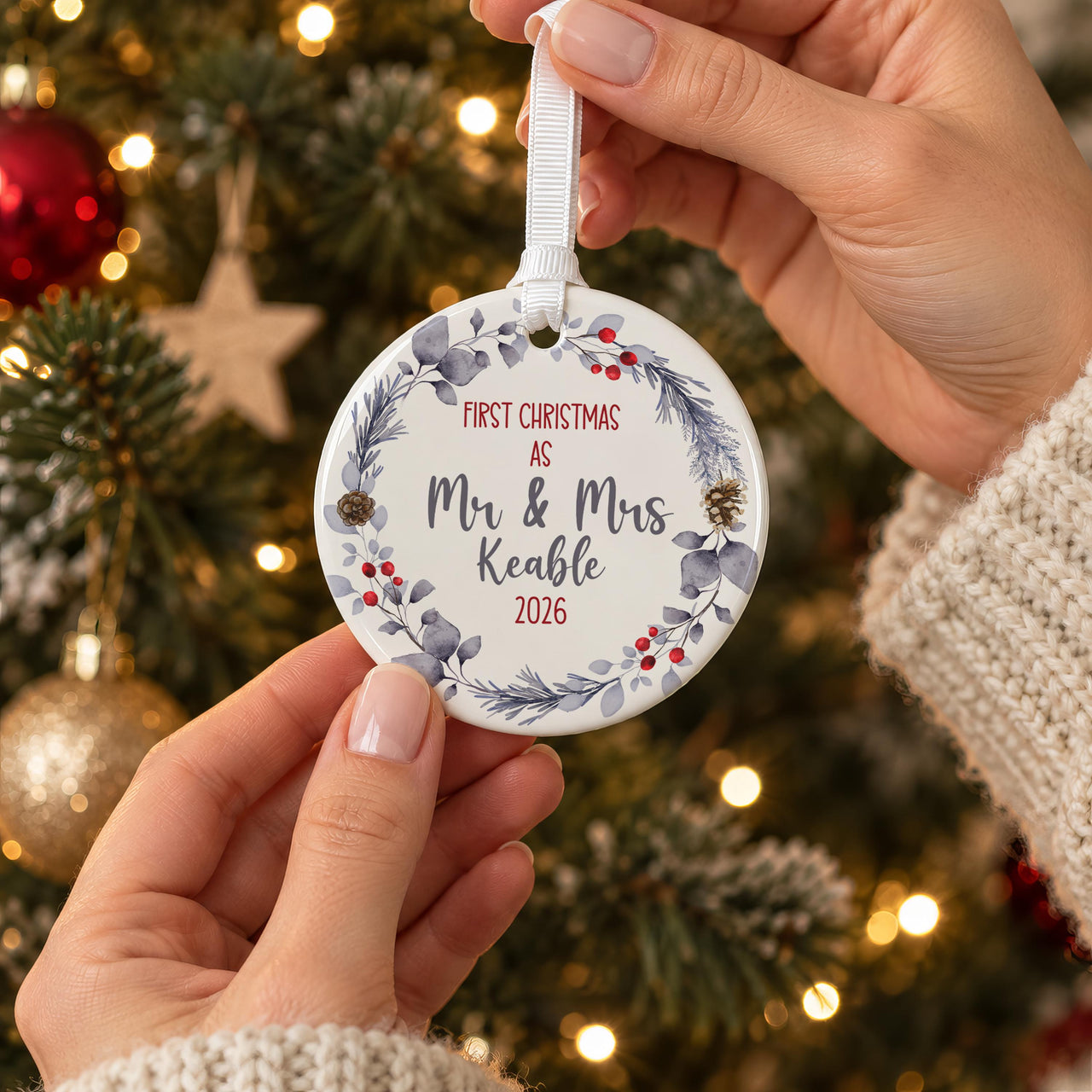 Personalised Winter Wreath Married Ceramic Bauble - lifestyle