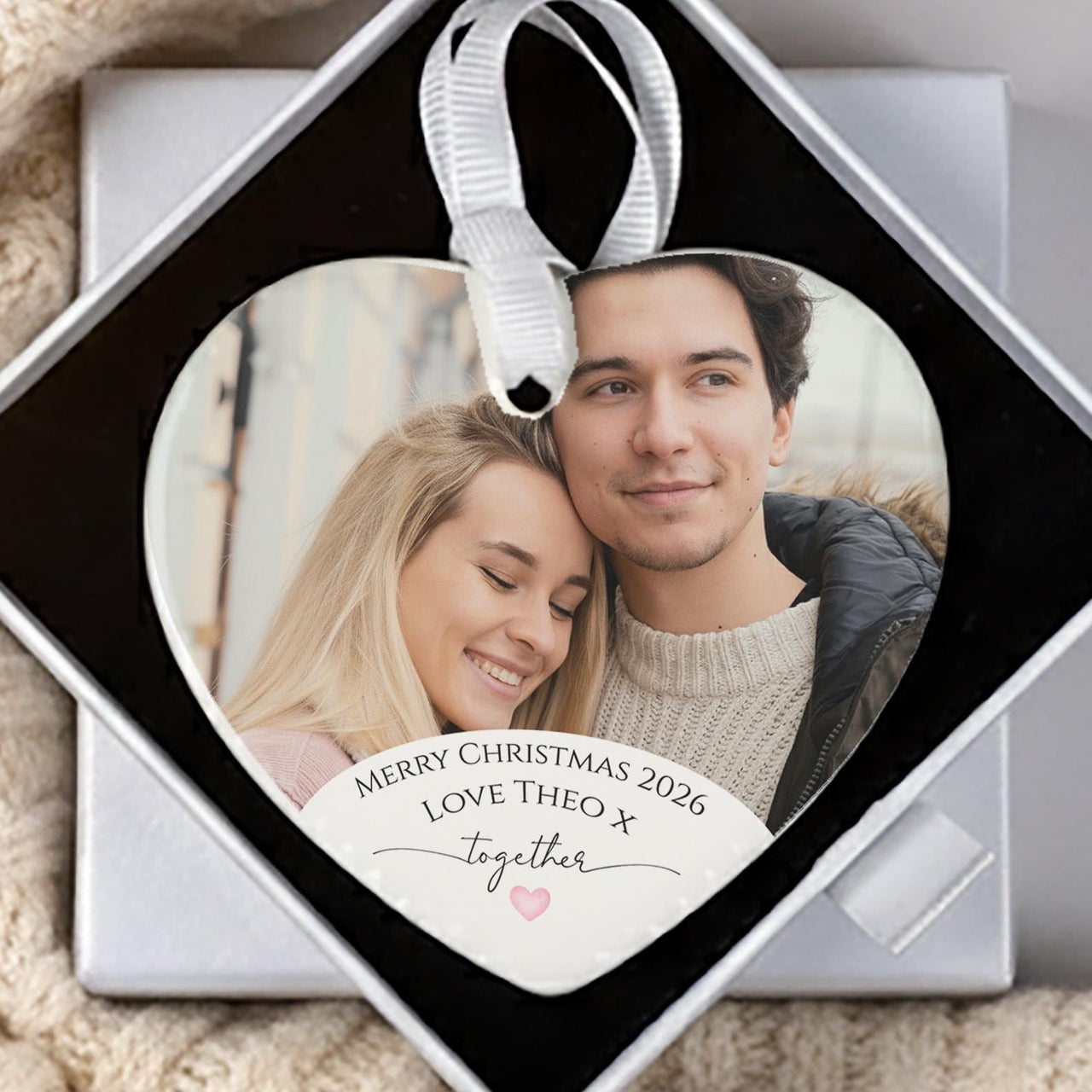 Heart-shaped ceramic ornament with a couple photo, Merry Christmas 2026, Love Theo x and together, in a silver gift box