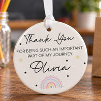 Thank-you ceramic bauble with a pastel rainbow and stars: Thank You for being such an important part of my journey Olivia