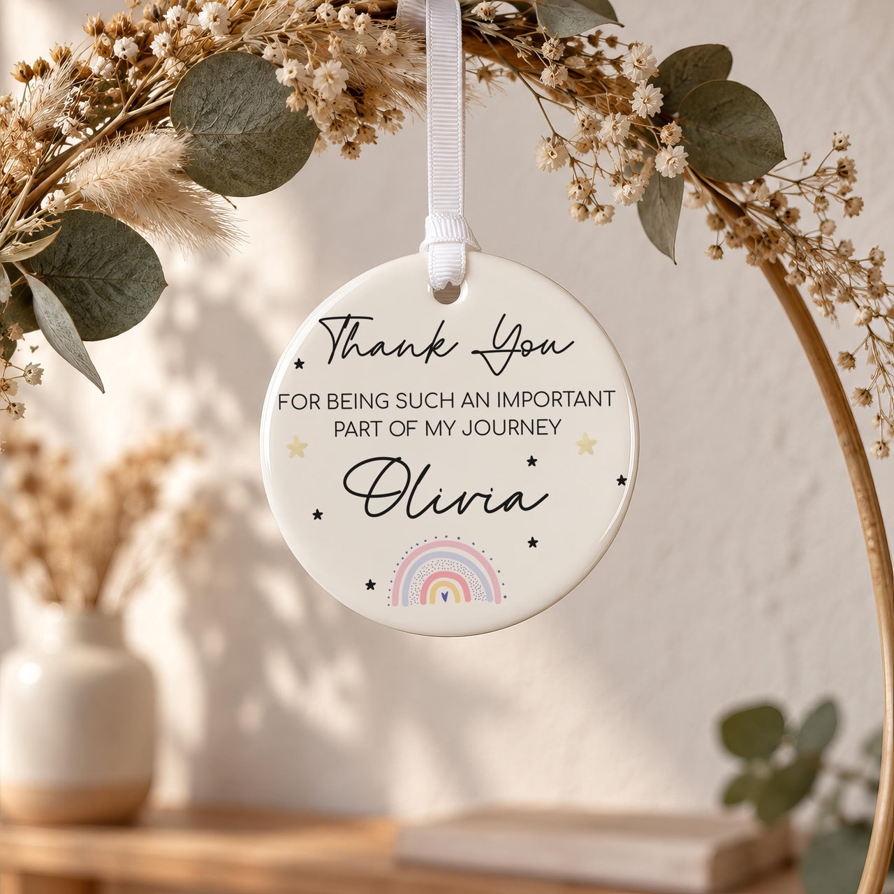 Personalised Rainbow Teacher Ceramic Bauble - lifestyle