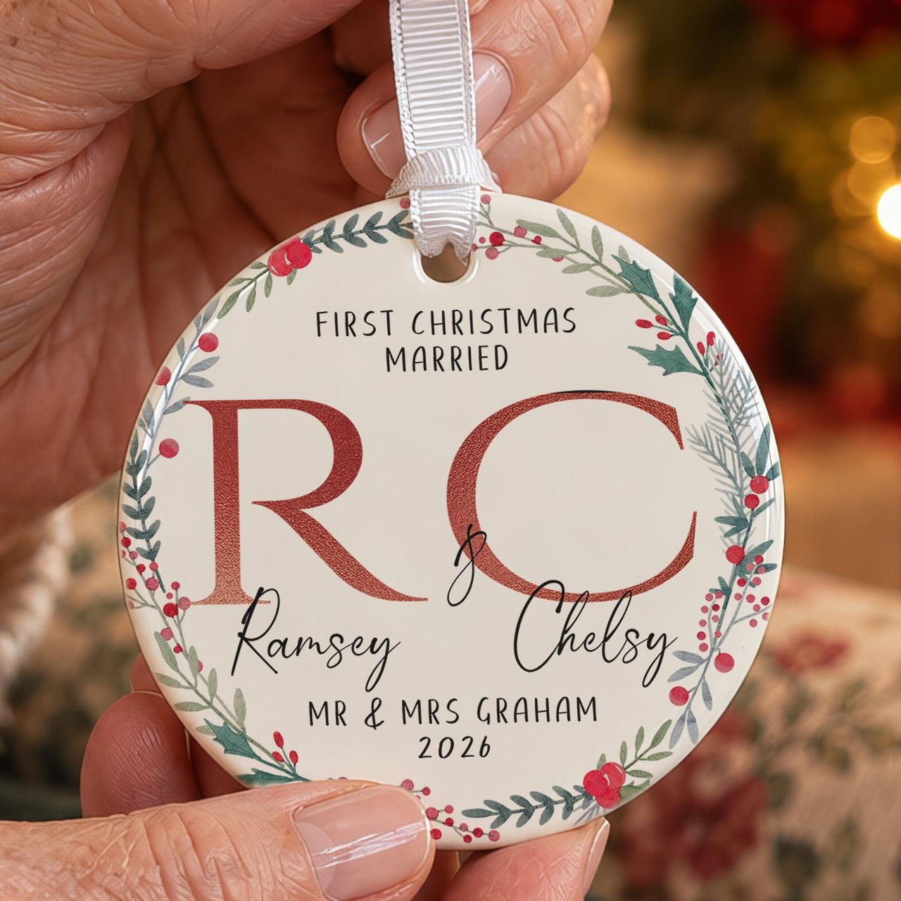 Mr and Mrs ceramic bauble: berry wreath, red initials RC, Ramsey & Chelsy, First Christmas Married, Mr & Mrs Graham 2026